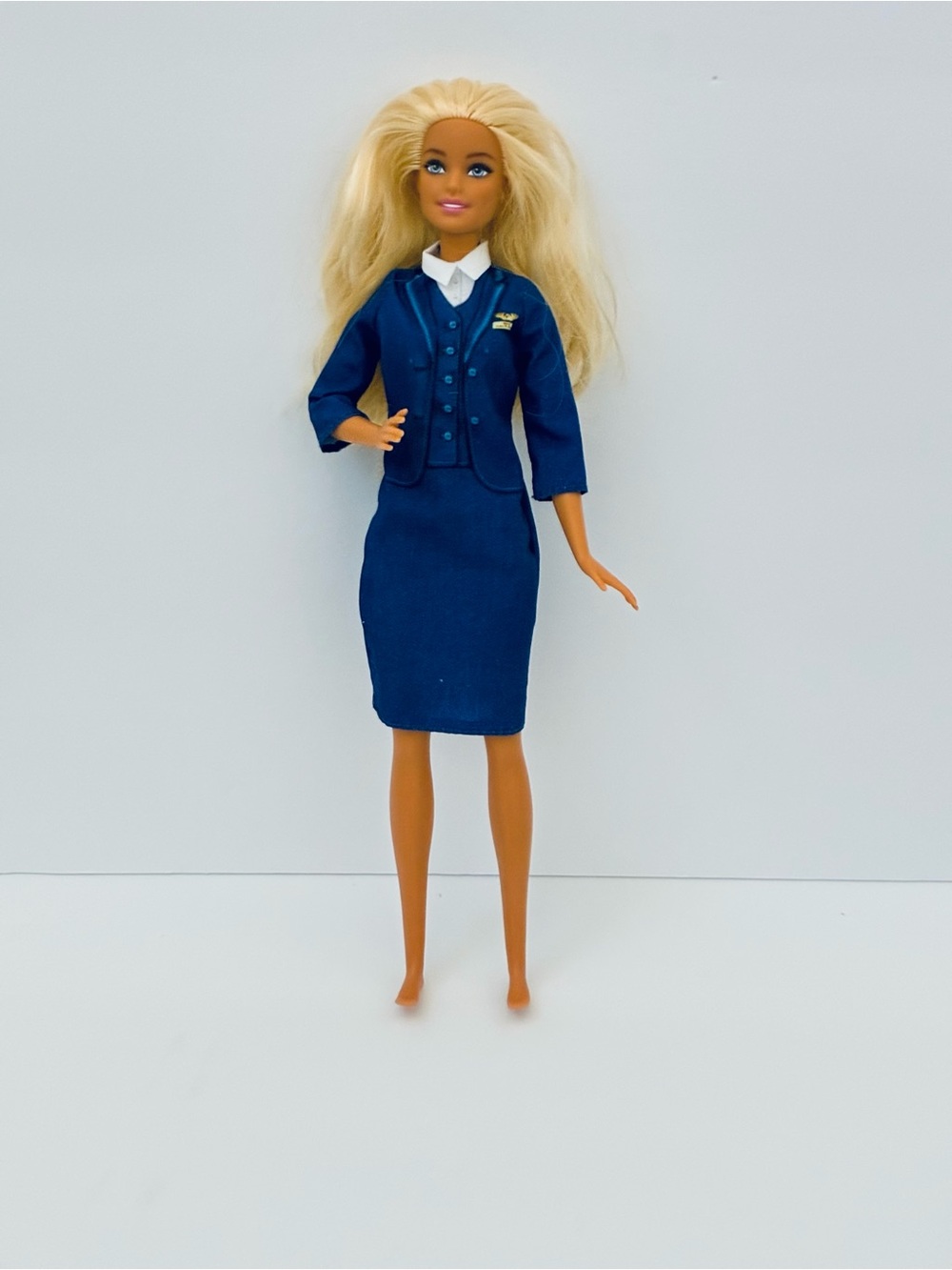 Vintage Barbie Careers Flight Attendant Doll Blue Uniform Jacket Gold Wing Pin
